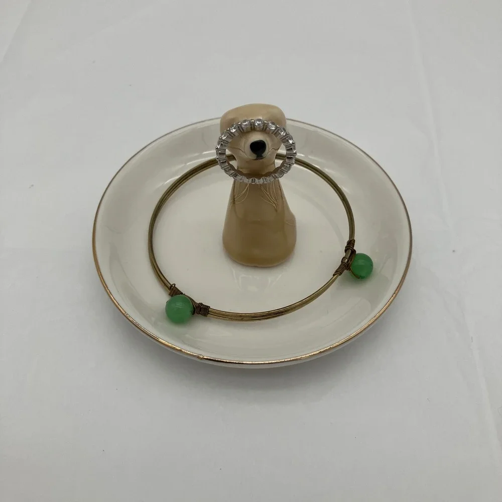 Ring Holder Dog Trinket Dish 4in Cream Gold Catch All